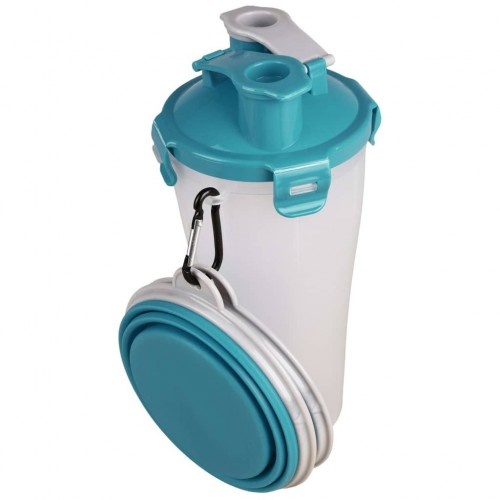 Garrafa de água azul para viagem, ideal para cães.