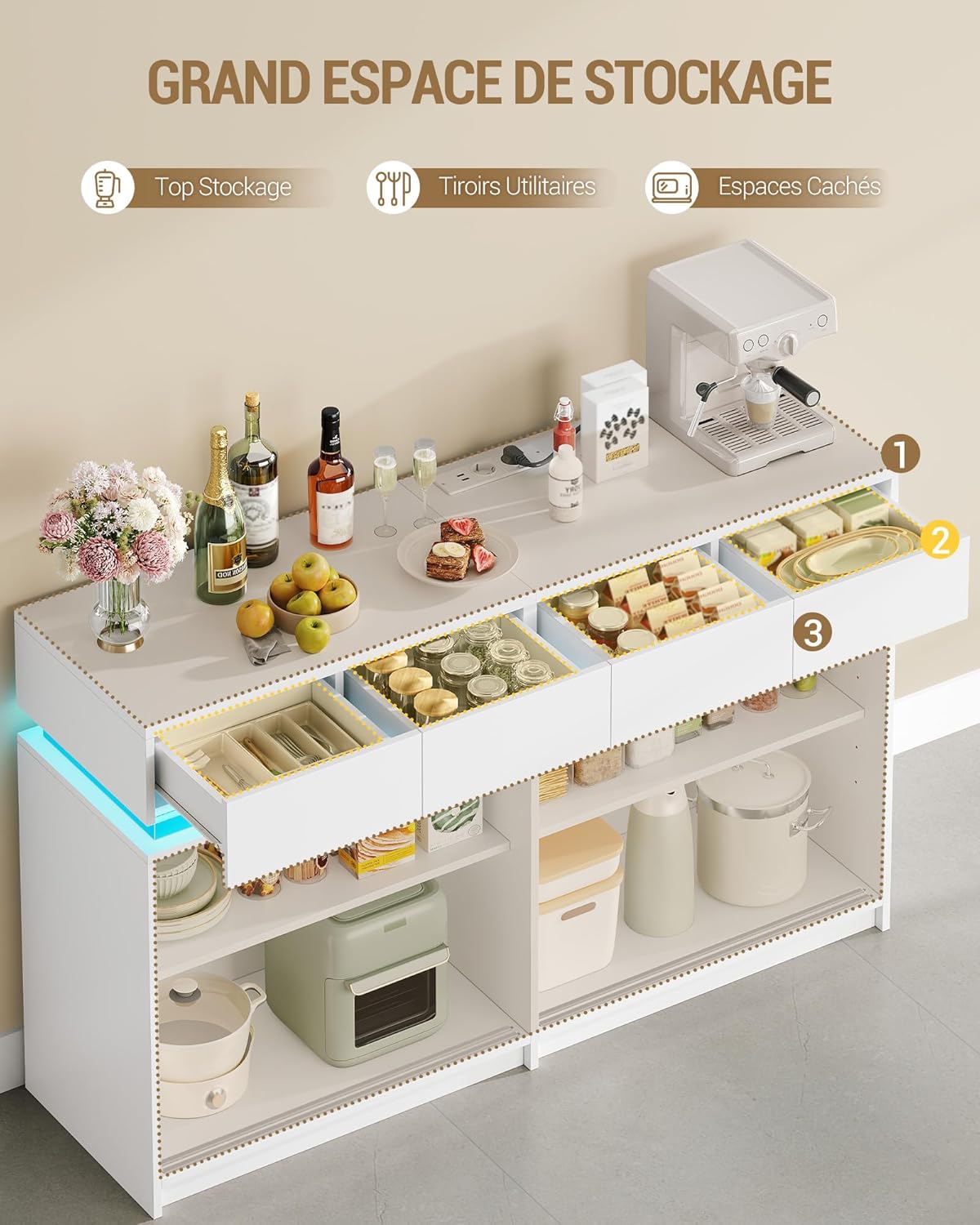 Hzuaneri Sideboard mit 4 Schubladen, Küchenschrank mit 4 Schiebetüren, Buffetschrank mit Steckdosenleiste und LED-Licht, verstellbares Regal, Küche, Wohnraum, 40 x 140 x 85 cm, Weiß SC00403XEU