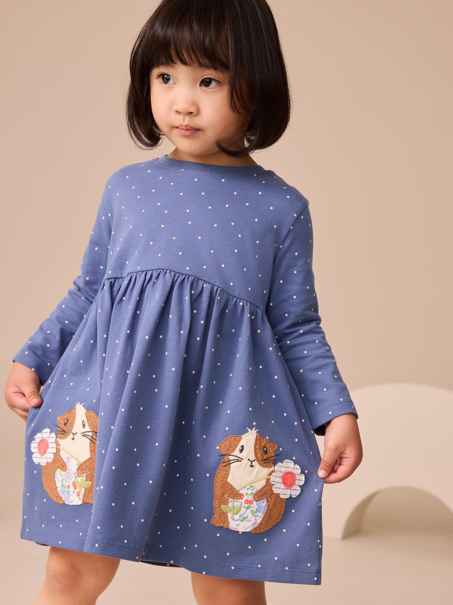 Blauw met cavia - Jurk met lange mouwen en versiering (3mnd -7jr)