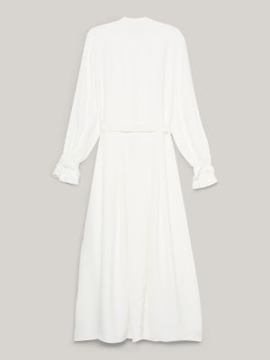 Vestido longo camisa plissado com cinto e detalhe de bridão