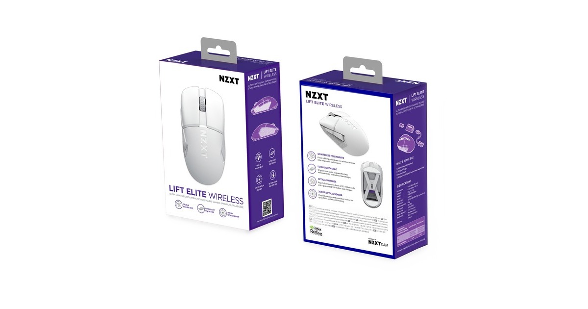NZXTLift Elite Wireless Gaming Mouse  (Wit, USB / 2.4 GHz, 8.000 Hz / 4.000 Hz, 26.000 DPI)