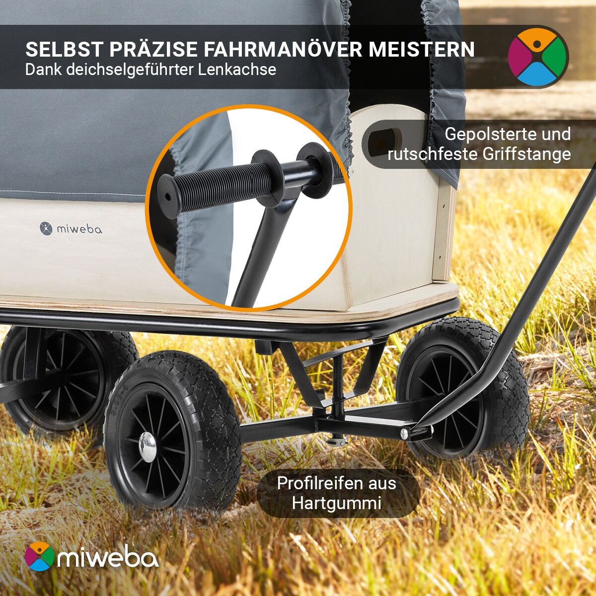 Miweba Holz-Bollerwagen Canvas, mit Dach, deichselgeführte Lenkachse, 180 kg, Profilreifen, Stahl