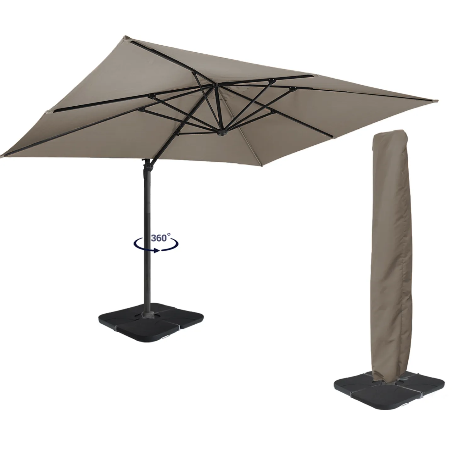 Parasol déporté rotatif 360 CALVI taupe 3x4 M avec 4 dalles et housse