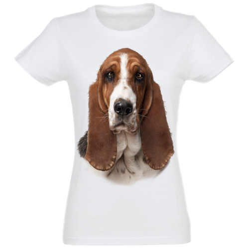 Camiseta feminina Basset Hound, branca