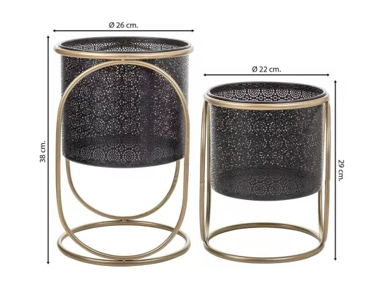 Lot de 2 jardinières en métal avec support en métal noir 26x26x38h-22x22x29h cm