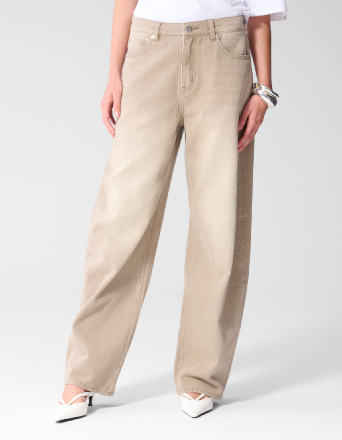 Baggy Fit Strass Jeans Lichtbruin