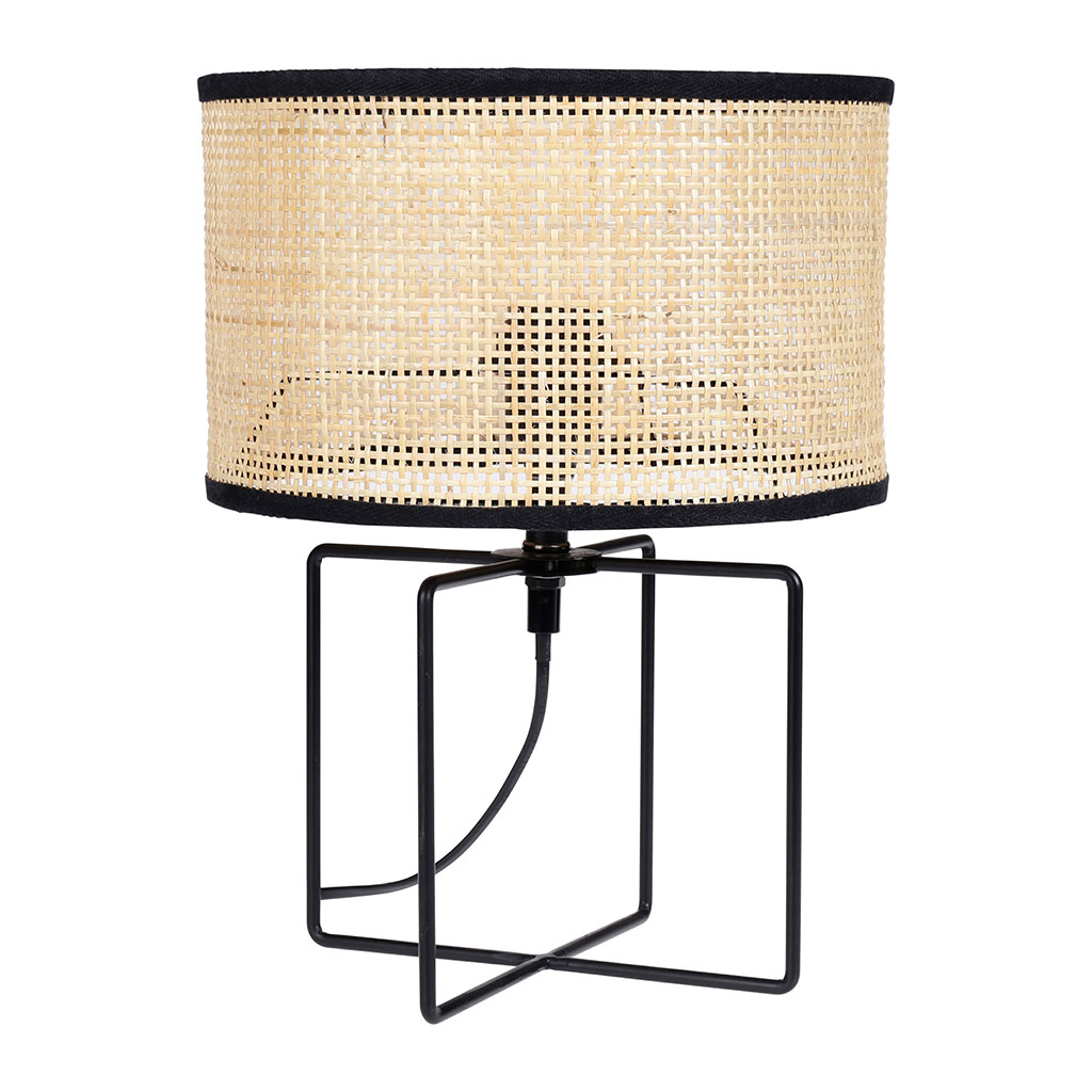Lampe à poser YUCA pied métal noir et abat-jour cannage H 34cm