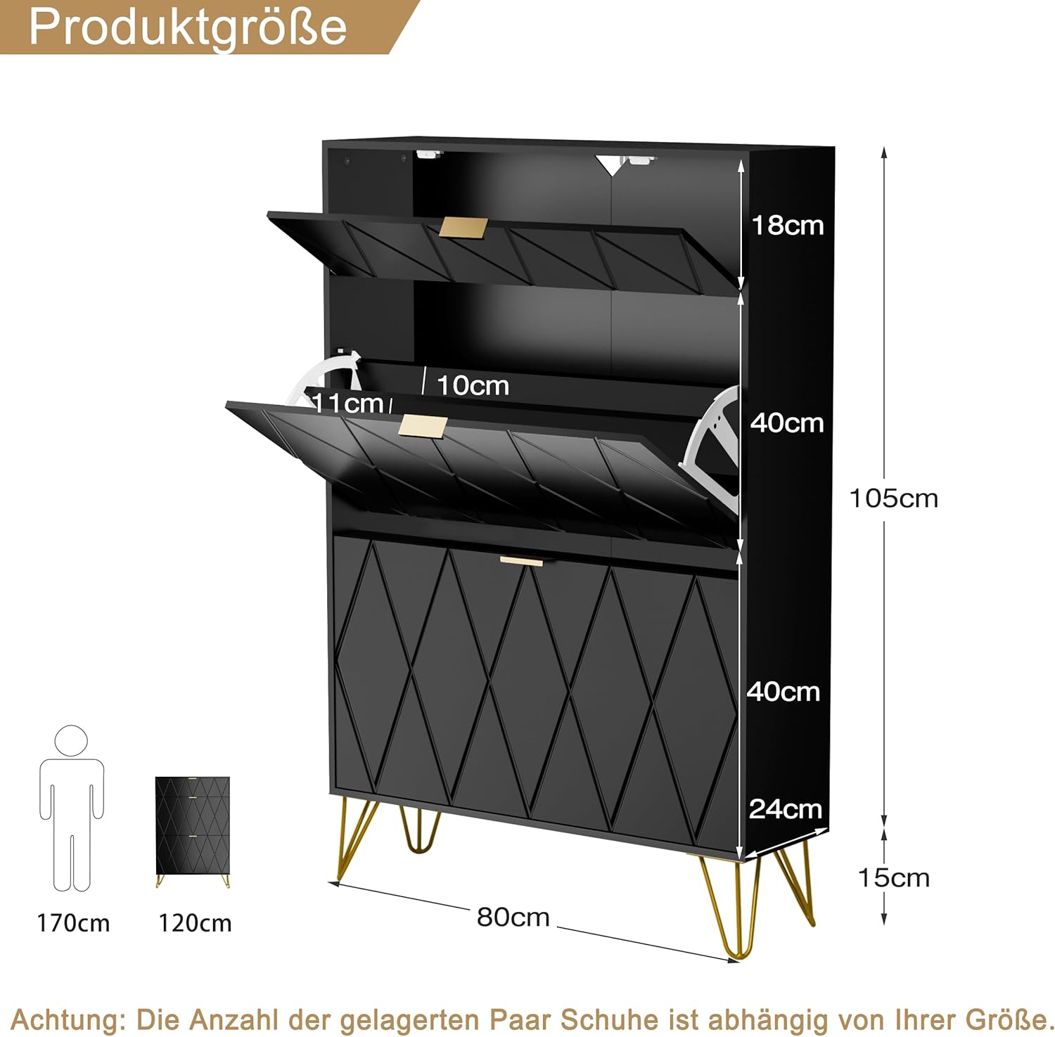 UEV Schuhschrank mit 2 Klappen, 80 x 24 x 120 cm für 16 Paar Schuhe mit 1 Schubladen, Schuhschrank Schwarz, Schuhkipper Schmal, Schrank Flur Schuhkommode im Flur, Platzsparend