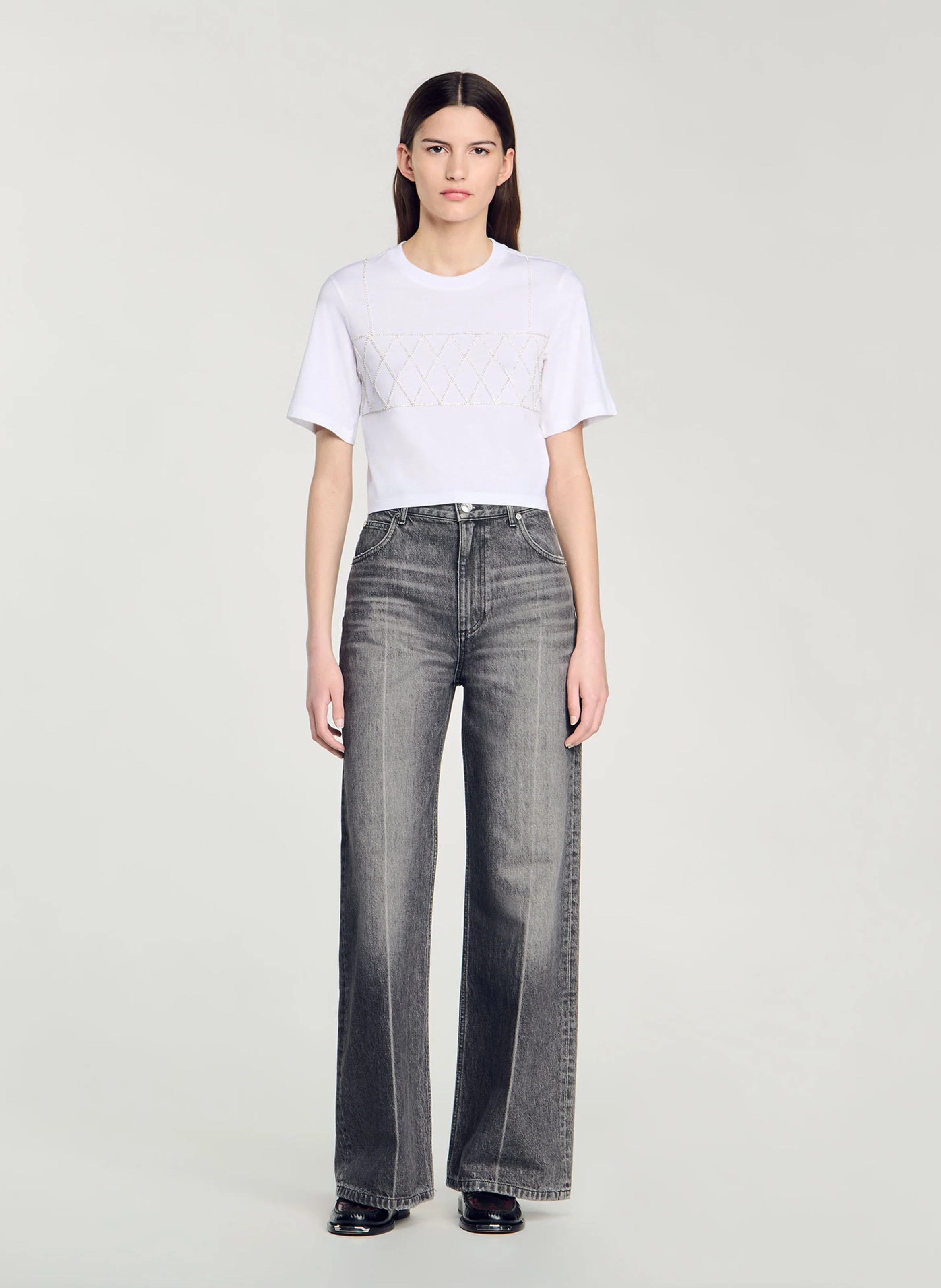 Tee-shirt court en coton strassé | Blanc