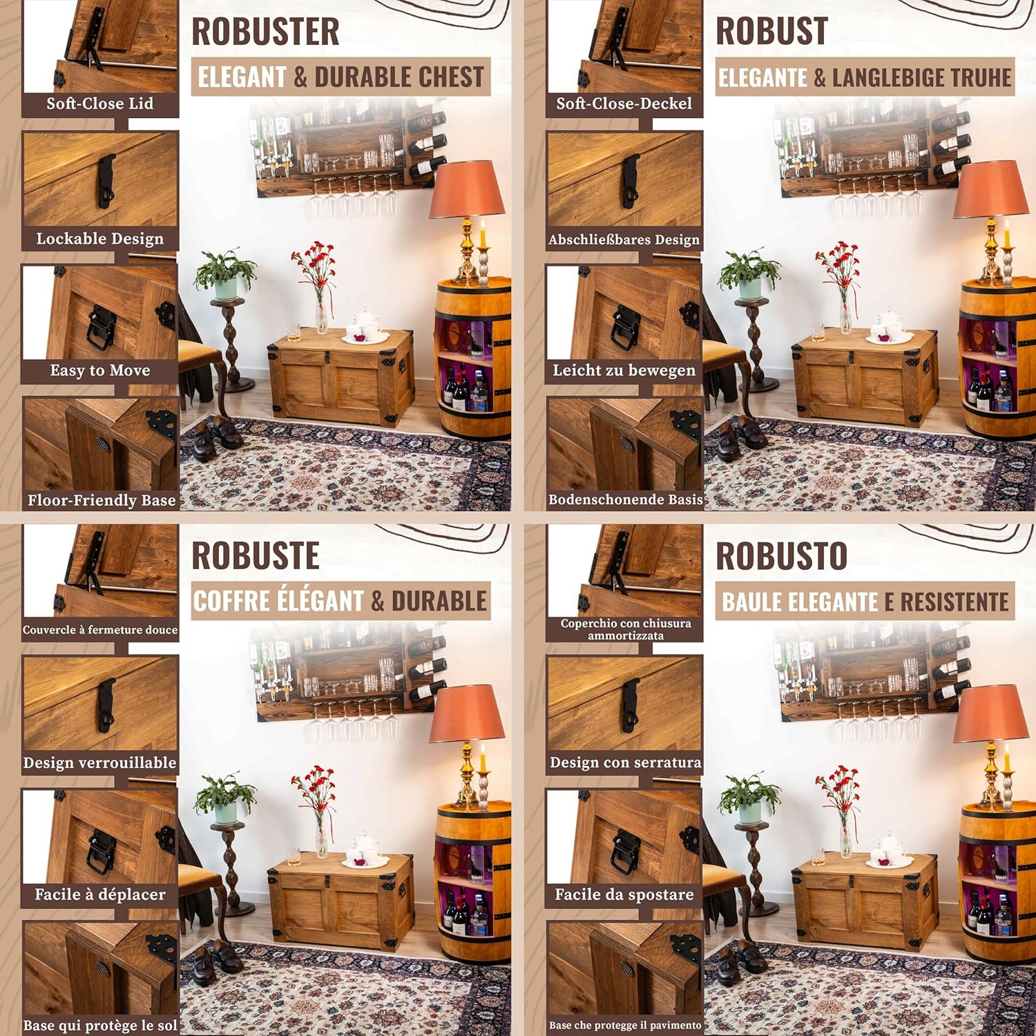 CREATIVE COOPER holzbox, schatztruhe, aufbewahrungsbox, tisch, rustikal truhentisch, couchtisch, spielzeugkiste, 77x49x45 cm, Handarbeit holztruhe, Eco Holzöl Braun…