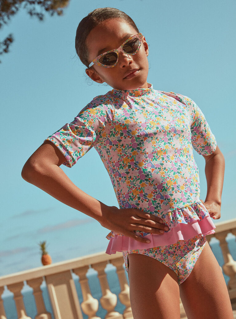 T-shirt de bain écru à imprimé fleuri