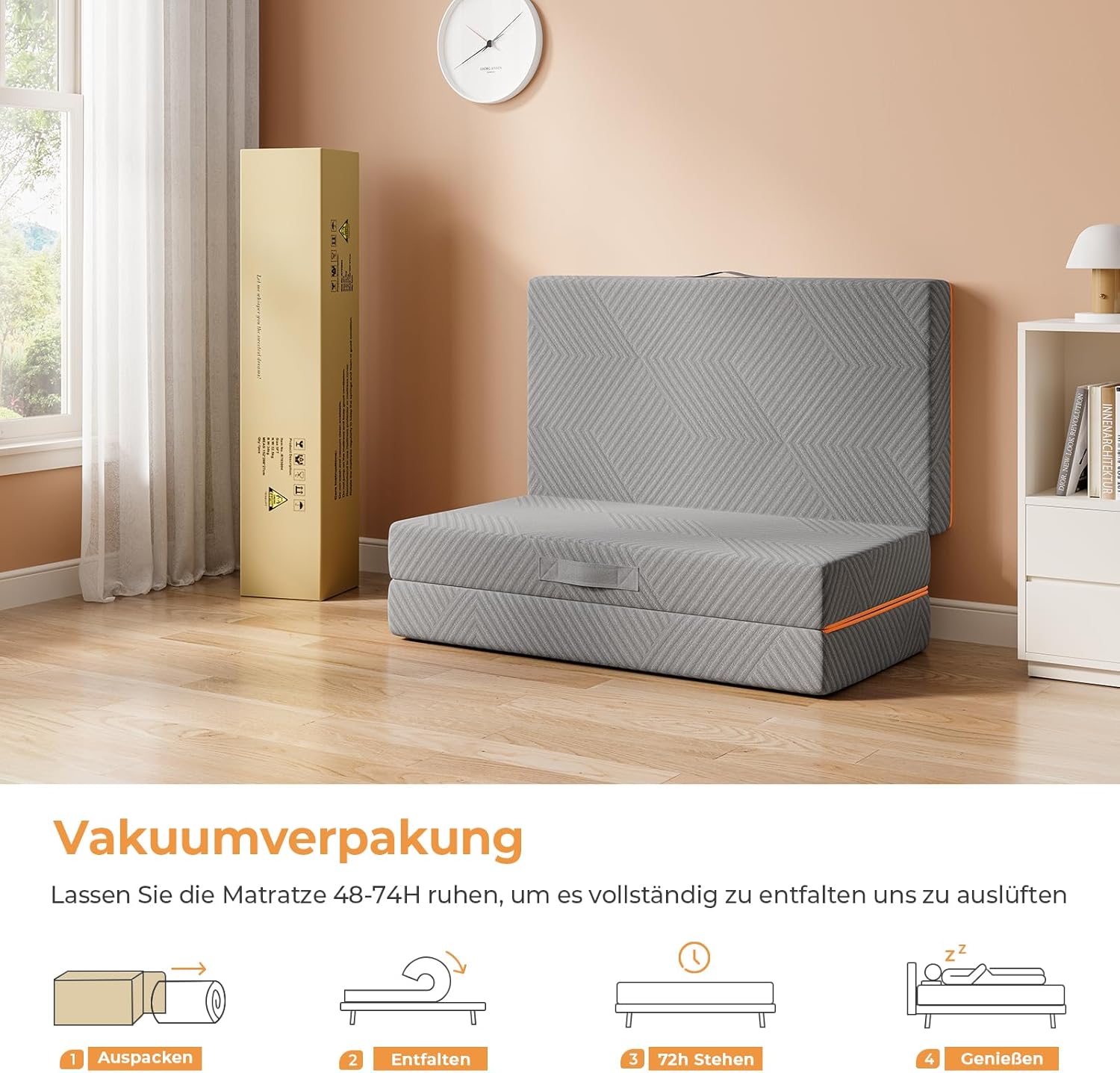 Vesgantti Klappmatratze Gästematratze 90x200cm, Höhe 15cm, 3-teilige Gel Schaumstoff Faltmatratze für Reisen, Camping, Boden, Gästebett, waschbarem Bezug Faltbare Matratze Öko-Tex Zertifiziert