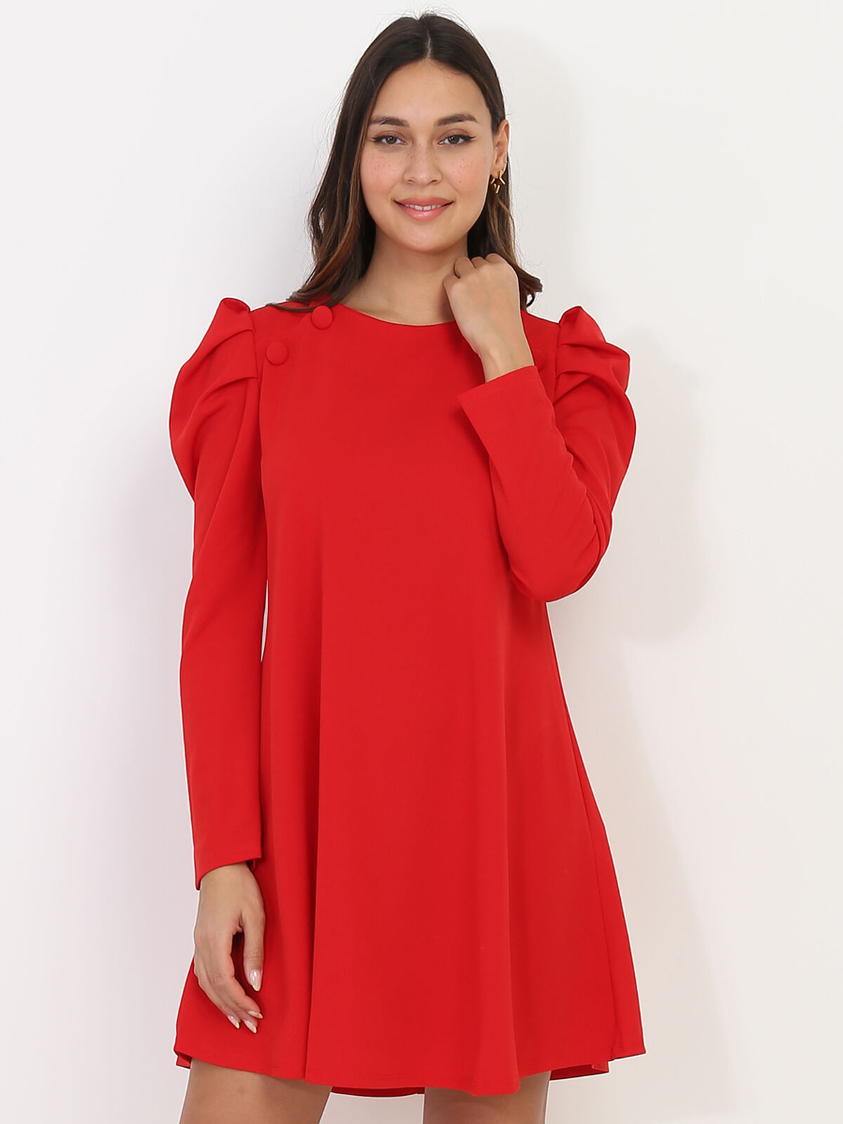 Robe droite à manches gigot- Rouge