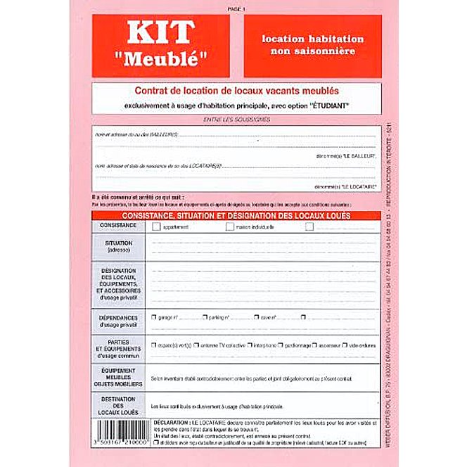 Kit contrat location meublée non saisonnière weber diffusion 8 pages contrat inventaire caution état lieux entrée sortie
