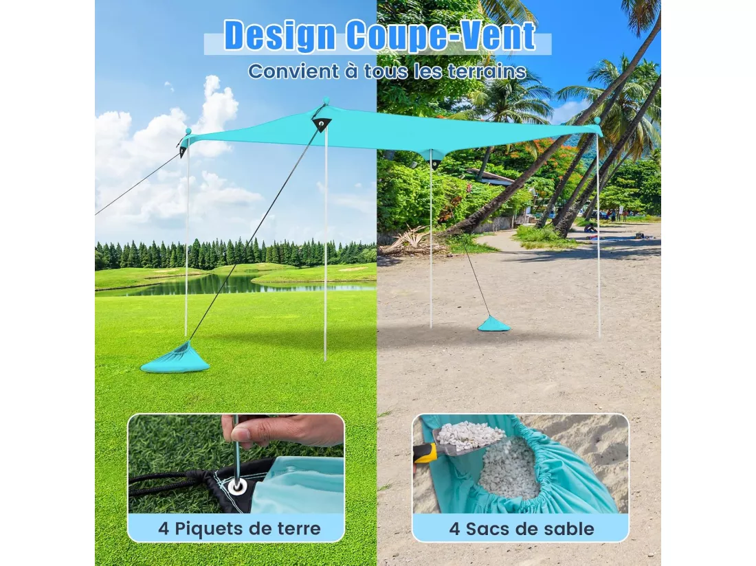 Tente de Plage Portable 3 x 3 M Anti UV UPF50+, Abris Solaire de Plage avec 4 Sacs pour Sable Piquets de Sol 2 Poteaux Sac de Transport, Idéal pour Plage Camping Pêche (Vert)