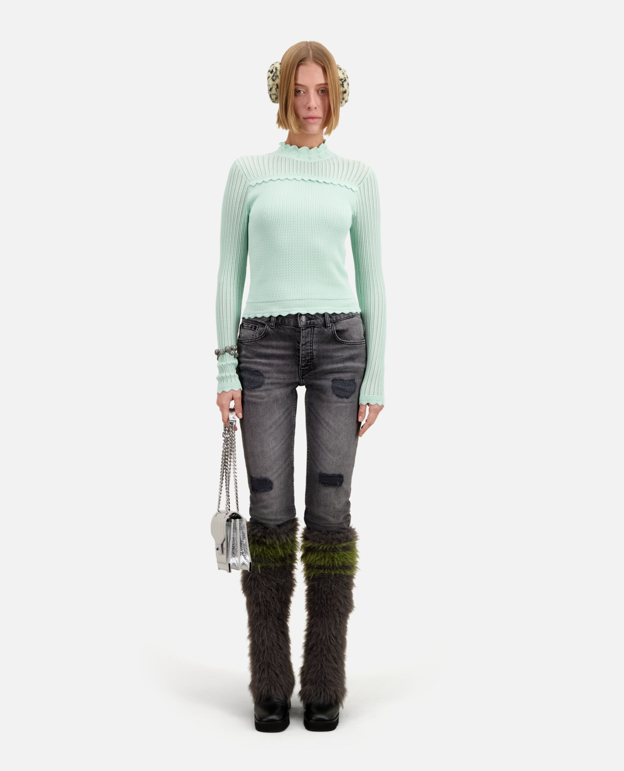 Cropped almond green sweater in openwork knit