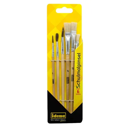 Idena Schulmalpinsel-Set, 6-teilig, Haar- und Bostenpinsel, unlackiert