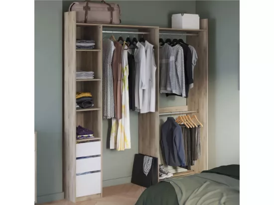 Aménagement dressing modulable Blanc/Chêne - SWAMA - L 199 x l 44 x H 218 cm
