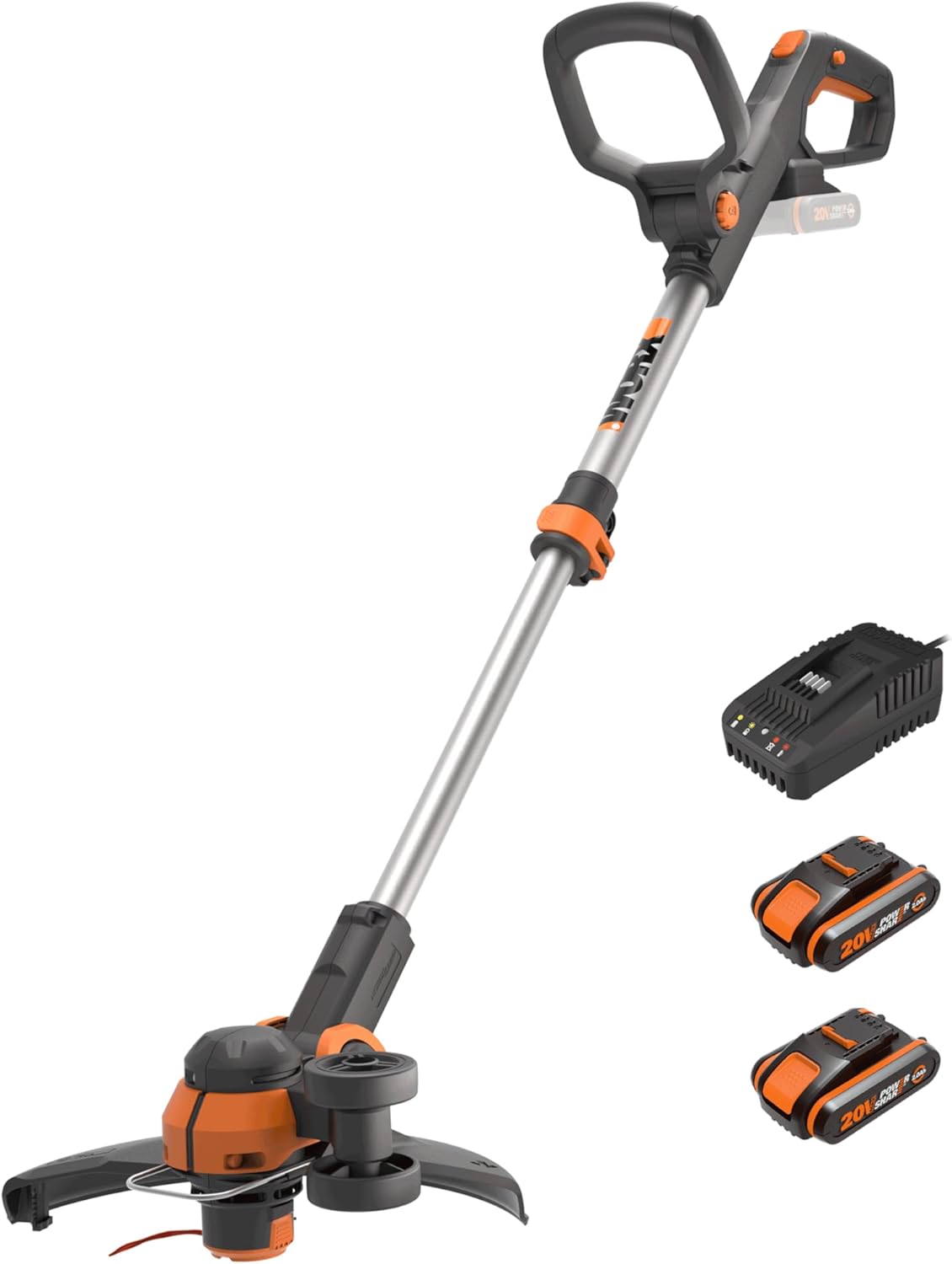 WORX 18V(20V MAX) Akku Rasentrimmer WG163E.3, 2-in-1 rasenkantenschneider mit 90° drehbarer Trimmerkopf, Teleskopstiel, Powershare, 2 x 2,0 Ah Akku