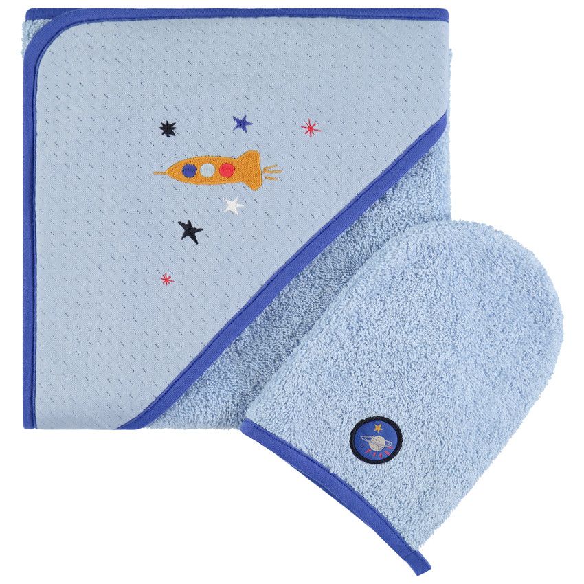 Set de bain en éponge à fusée et étoiles brodées - Bleu