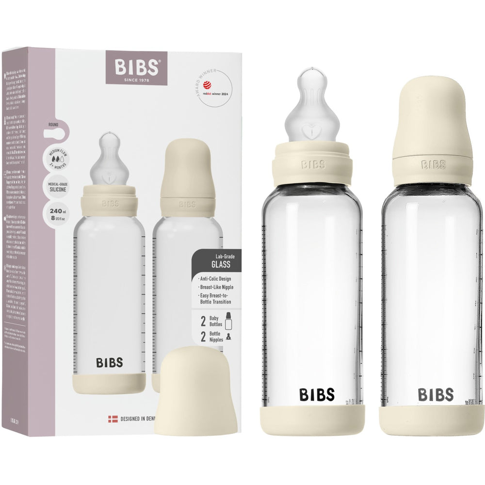 Køb Bibs Ivory Glass Baby Flaske Round Silikone 2-Pak 240 Ml Medium Flow