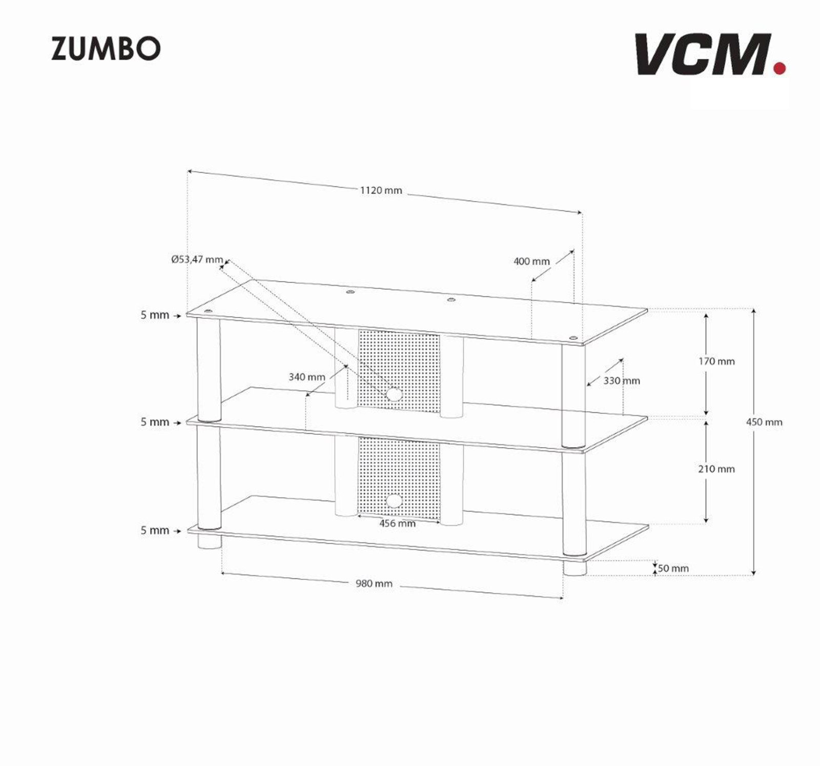 TV-Rack - silber-schwarz - 3 Glasböden - 110 cm breit