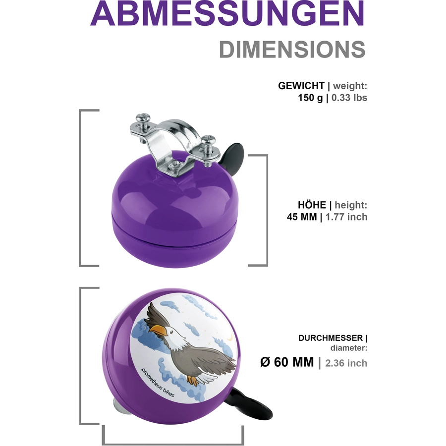 PROMETHEUS BICYCLES® Klingel für Kinder - Ding Dong Kinder-Fahrrad-Glocke - 60 mm - Links Montage, Violett