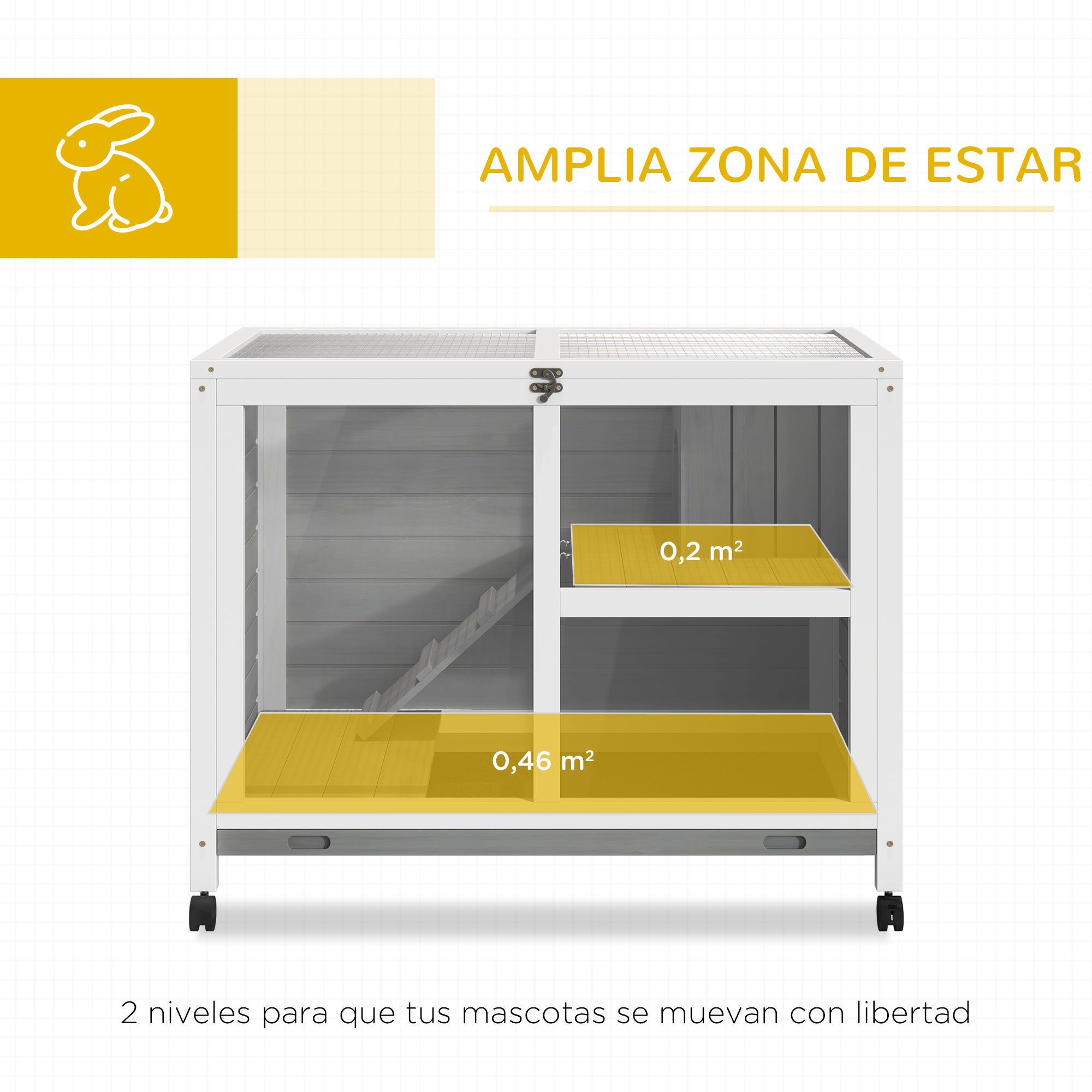 Gaiola de madeira PawHut para coelhos com rodas, 91,5 x 53,3 x 73 cm, 2 níveis, com teto articulado, bandeja removível e rampa, cinza.