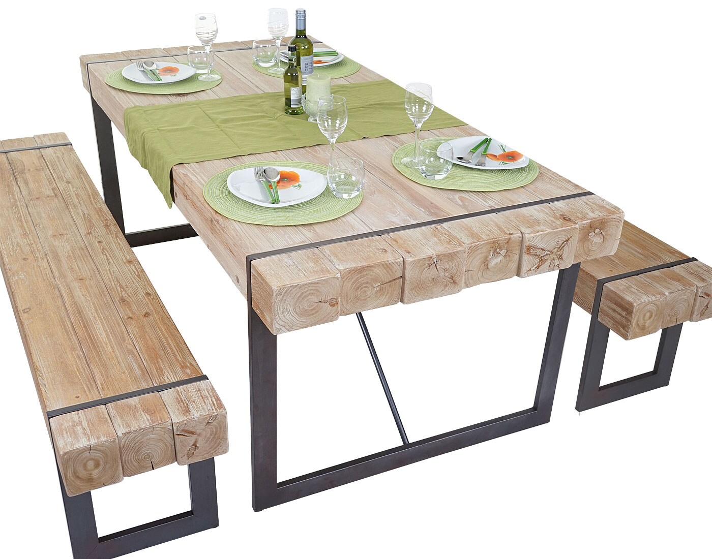 Esszimmergarnitur MCW-A15, Esstisch + 2x Sitzbank, Tanne Holz rustikal massiv MVG-zertifiziert ~ naturfarben 160cm