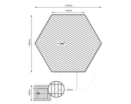 Zeshoekige buitenomheining met beschermnet, 123x106x60 cm, zilver