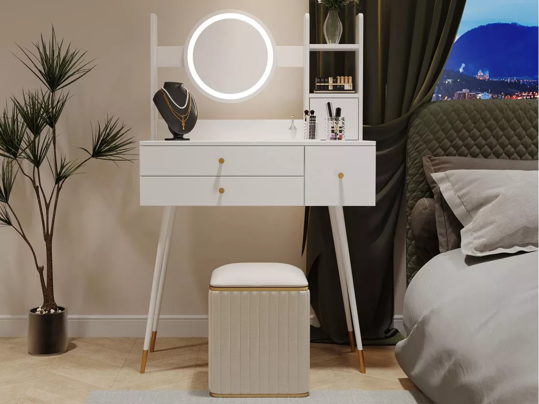 Coiffeuse - rangements & miroir à LED réglable - MDF - Blanc (tabouret non inclus)