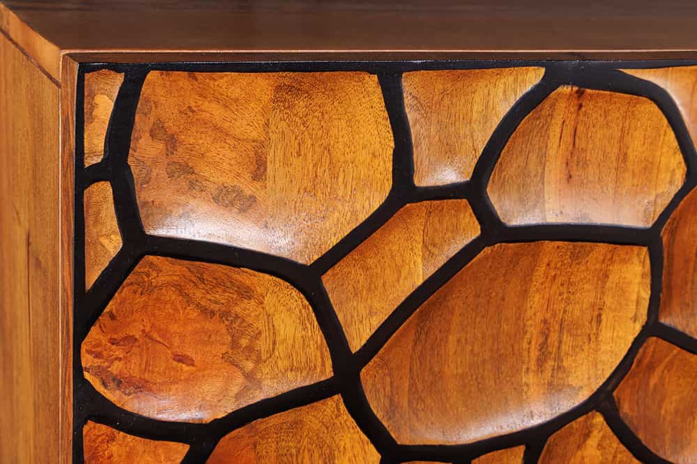 Massivholz Sideboard VULCANO 180cm braun Mangoholz mit 3D Schnitzereien handmade Metallgestell schwarz