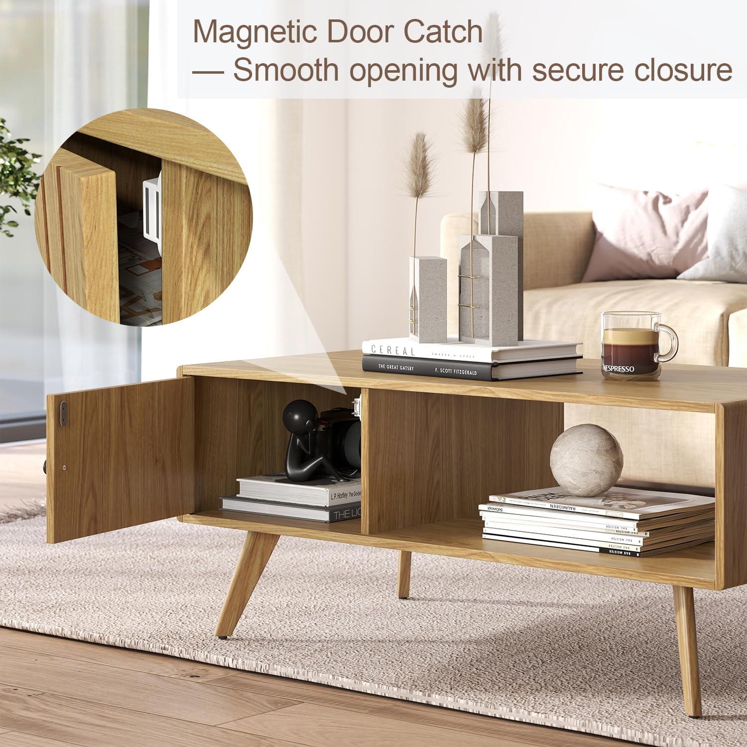 Manora Couchtisch Holz Eiche - Moderner Wohnzimmertisch Holz mit Stauraum, 105x55x45cm, Stabiler E1-Platte & Massiv Holzfüßen, Landhausstil Couchtisch für Wohnzimmer