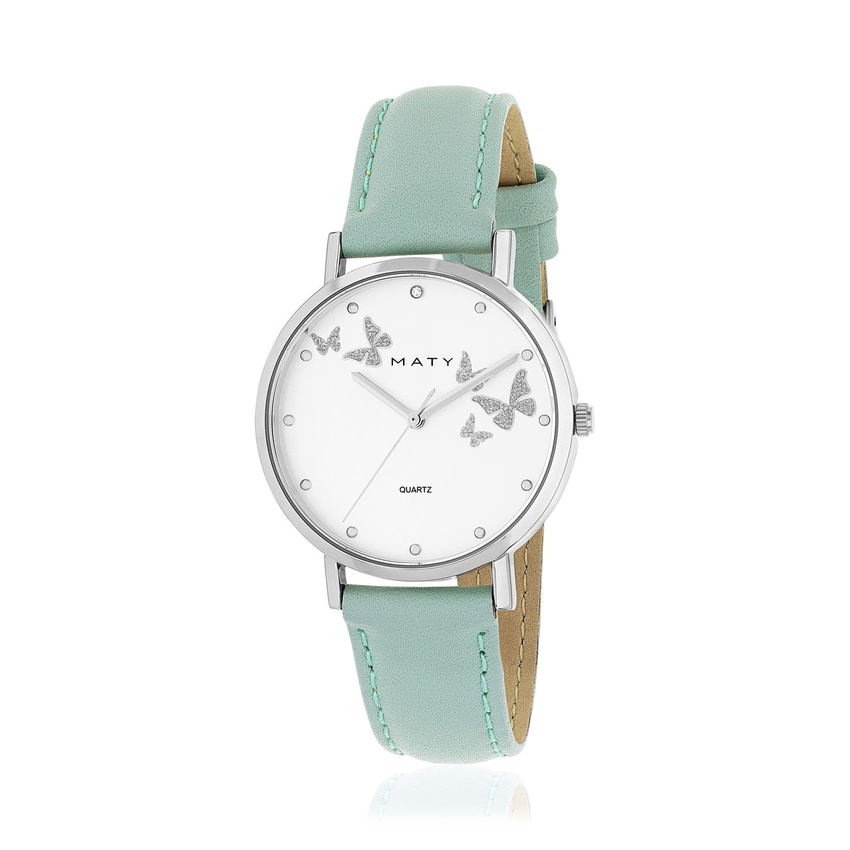 Montre femme chromée bracelet cuir bleu clair