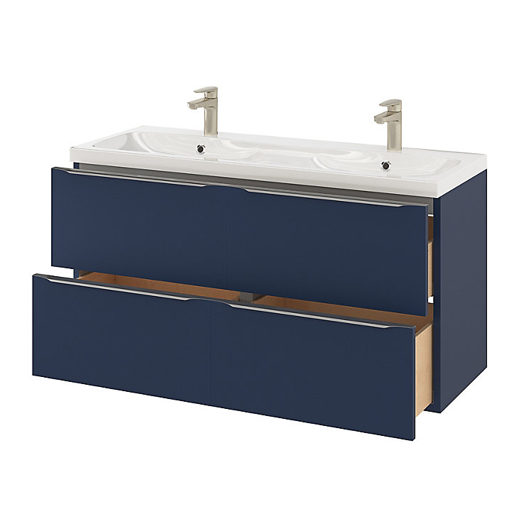 Ensemble salle de bains l.120 cm meuble à suspendre Imandra bleu nuit mat + plan double vasque résine blanc