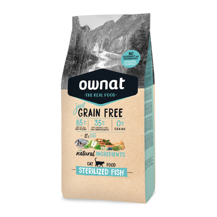 Alimento para gatos Ownat Just Grain Free, esterilizado, à base de peixe.