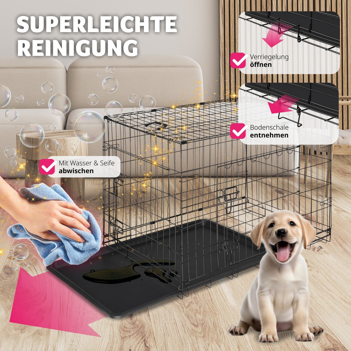 tectake Luna opvouwbare hondenbench/krat met 2 draaggrepen en afgeronde hoeken