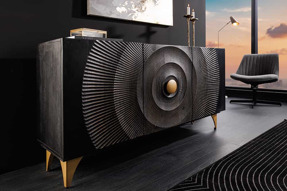 Handgearbeitetes Sideboard GOLDEN SUNSET 140cm schwarz mit 3D Schnitzereien gold Mangoholz Metallbeine