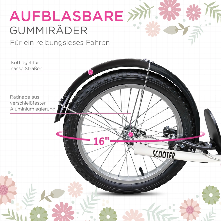 HOMCOM Kinderroller mit Vorderkorb rosa, weiß