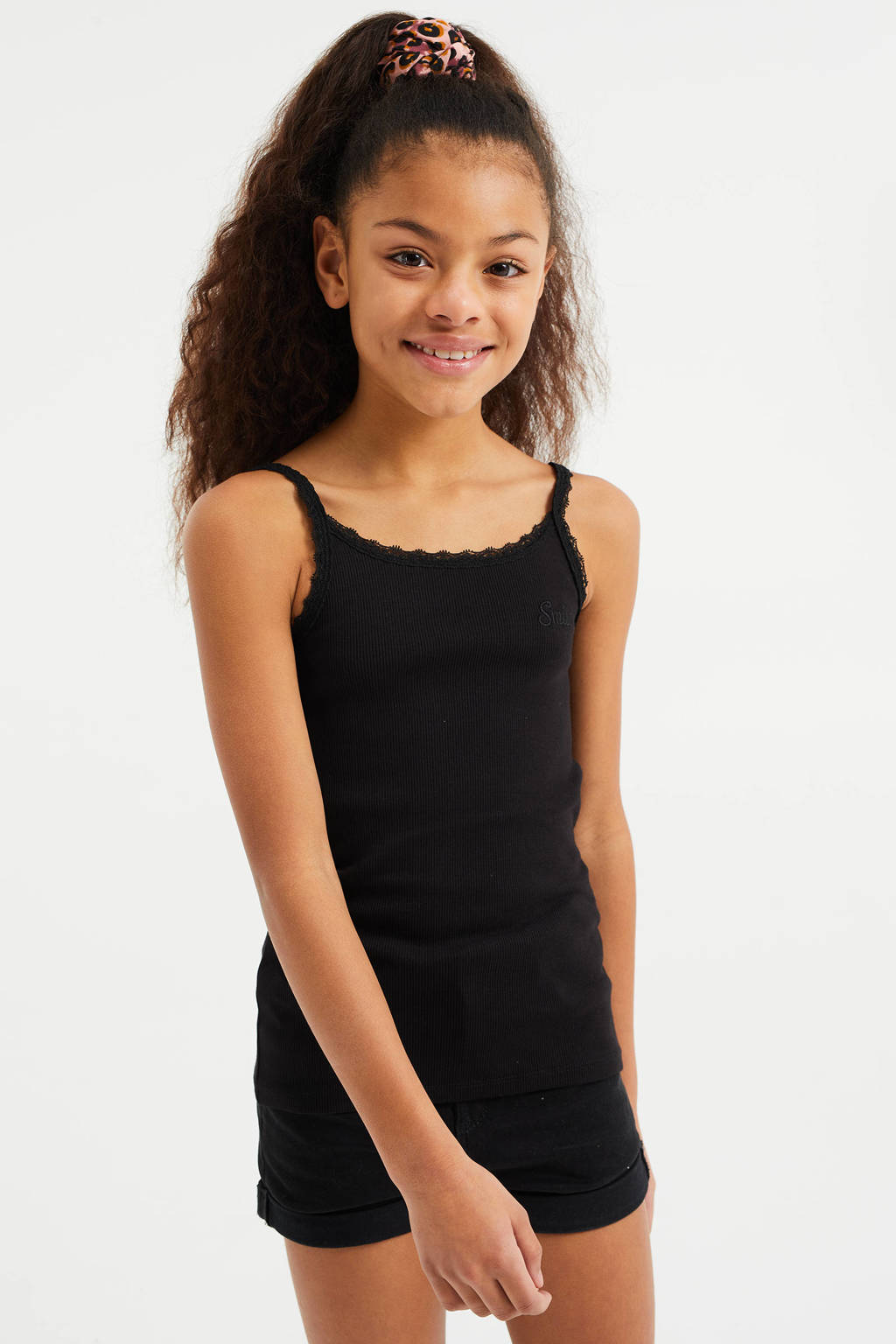 WE Fashion singlet met borduursels wit/zwart