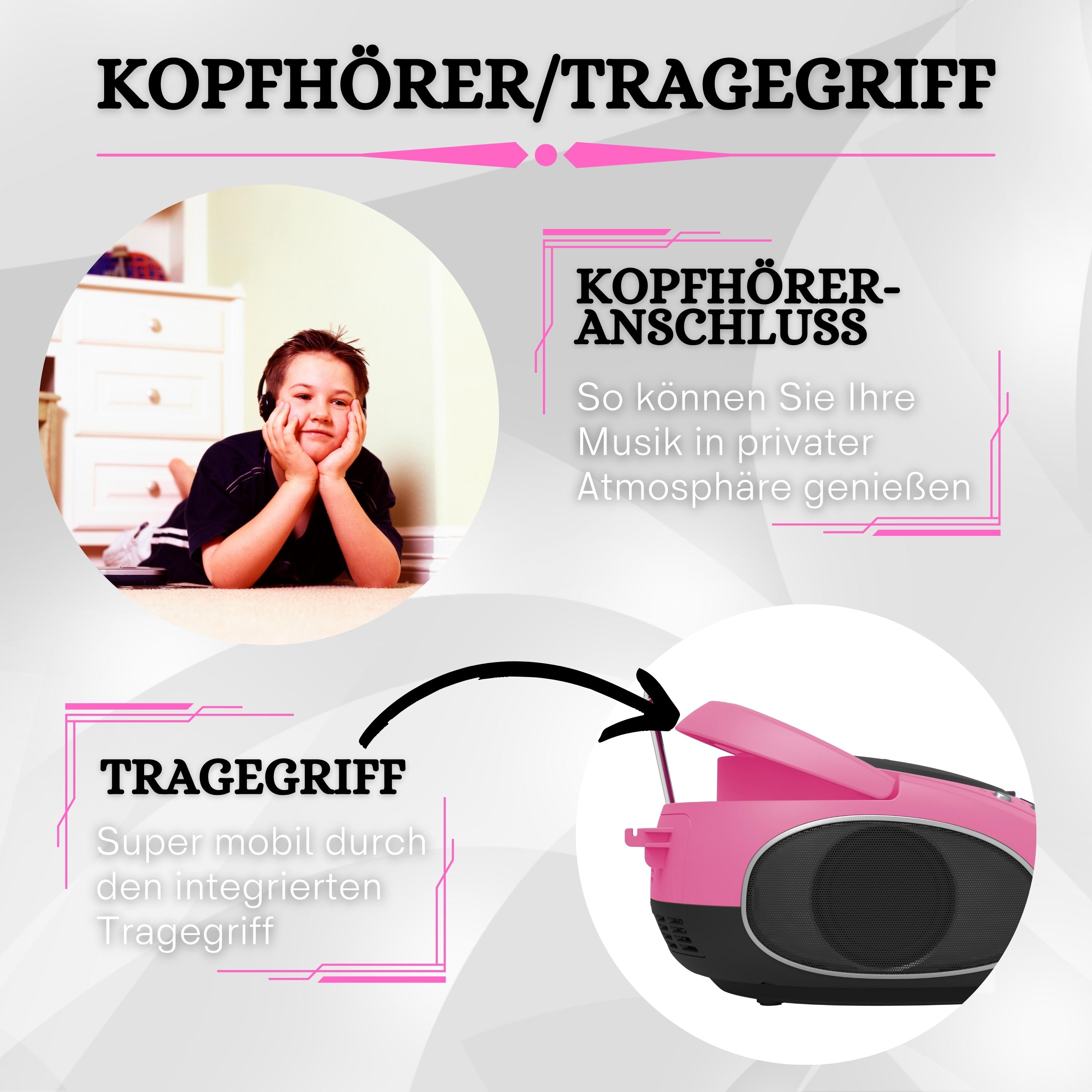 Cyberlux Tragbarer CD-Player Boombox CD/MP3 USB Kinder Radio pink