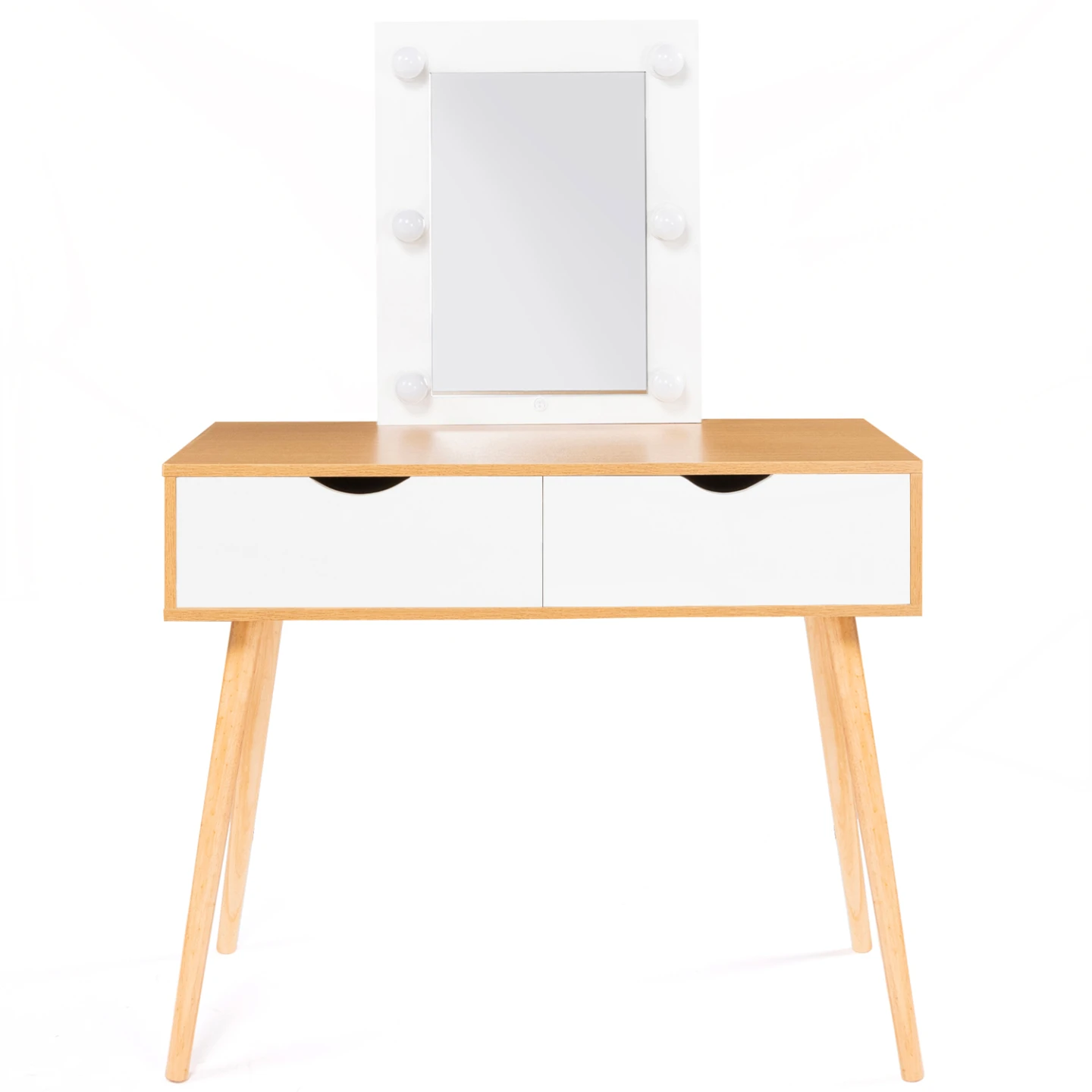 Coiffeuse scandinave 2 tiroirs LIVIA bois et blanc avec miroir LED