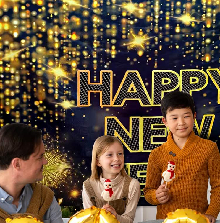 (175x114cm) Happy New Year Wand Banner Silvester Party Deko Hintergrund Foto Requisite - Gold / Schwarz