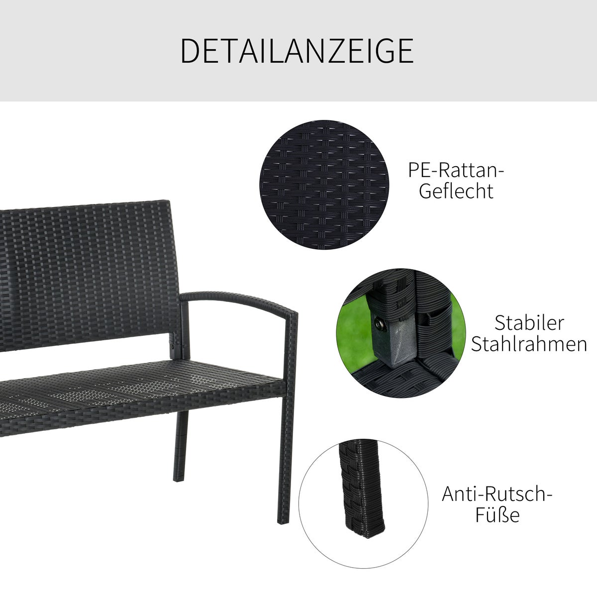 Outsunny tuinbank, rotan-look bank, voor 2 personen, belastbaar tot 320 kg, 122 x 60 x 85 cm, PE polyrotan, staal, zwart