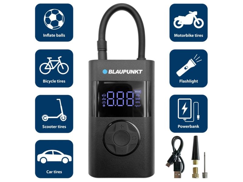 Blaupunkt Luftkompressor TPM-124 0.2-10 bar Tragbare Akku-Luftpumpe zum Befüllen und zur Druckkontrolle von Reifen, Bällen und anderen Aufblasartikeln.