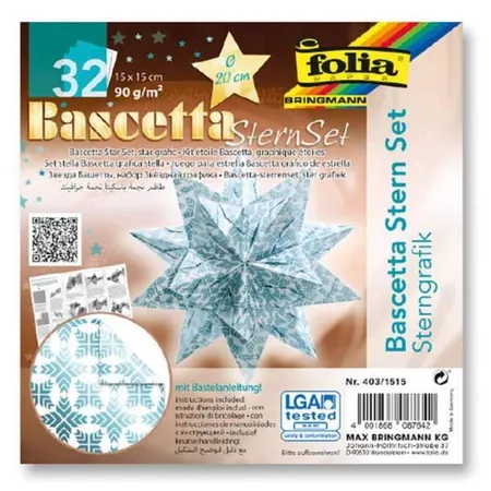 Folia Bascetta-Stern Set, 15x15cm, 32 Blatt Weiß/Sterngrafik eisblau
