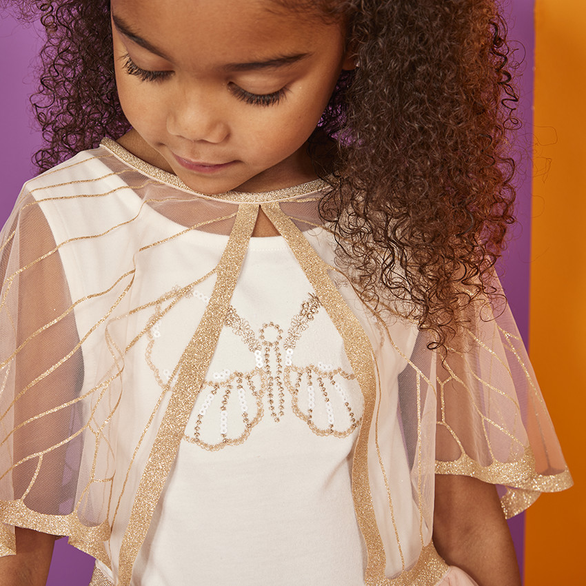 Robe de cérémonie avec cape en tulle effet ailes pailletées pour fille