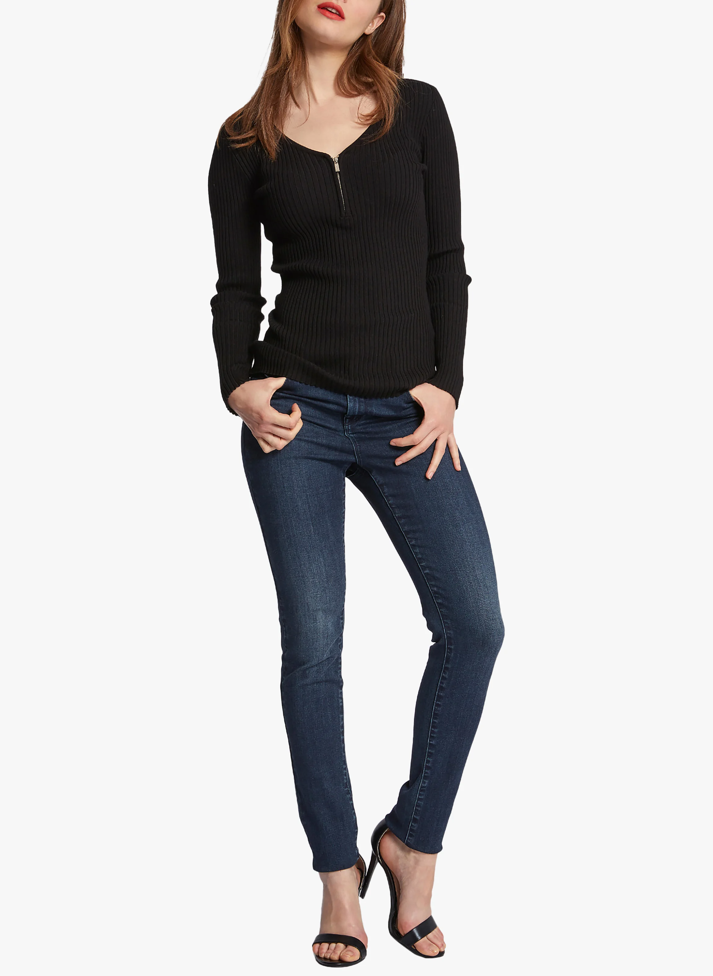 Pull col V zippé en maille côtelée | Noir