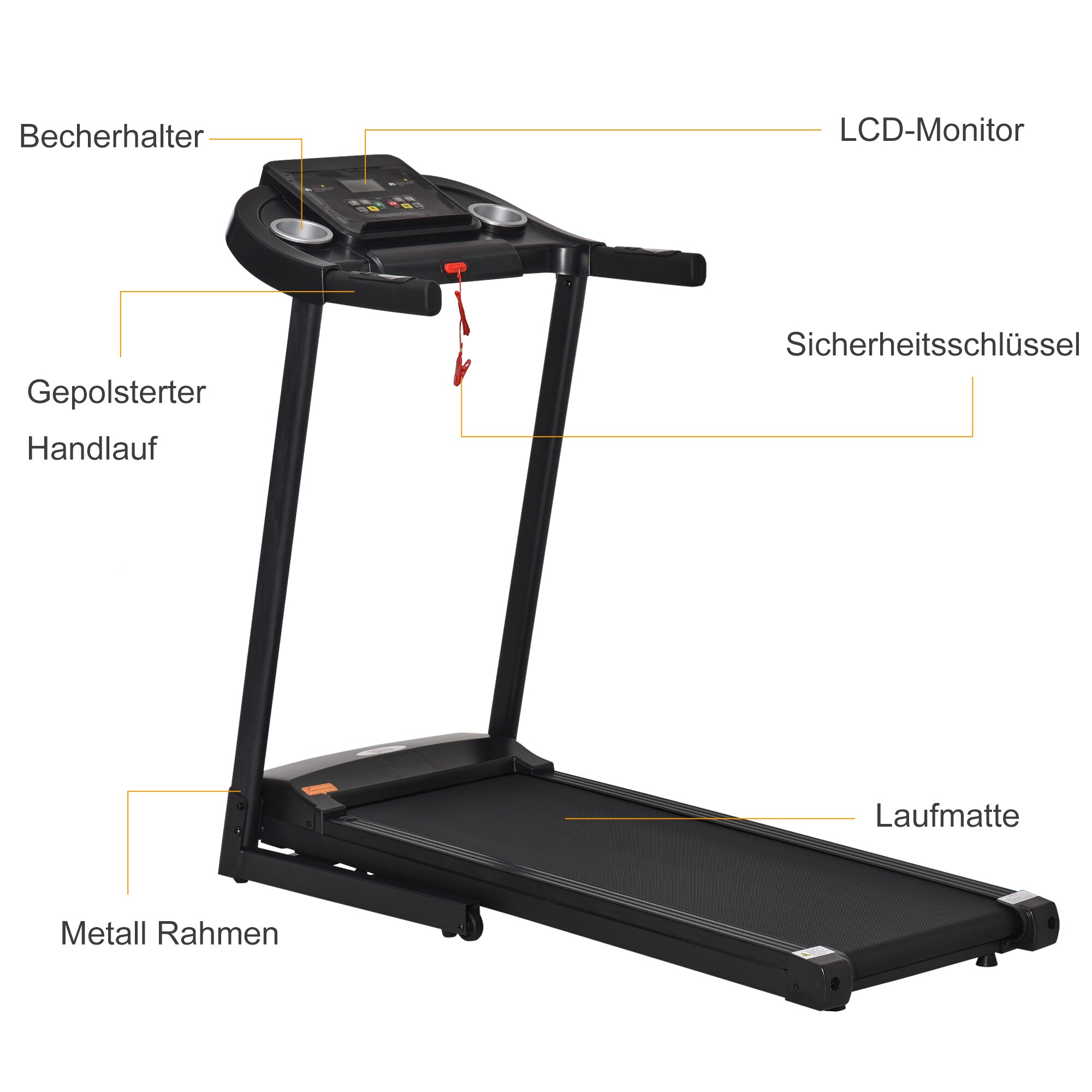 HOMCOM Laufband Training für Zuhause, Tassenhalterungen und Handyhalter schwarz, Grau 134 x 60 x 118 cm (BxLxH)