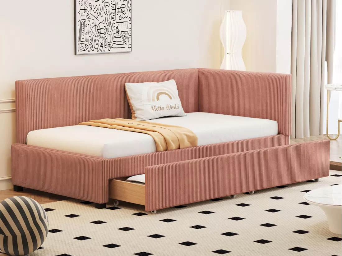 Lit banquette capitonné 90x200cm en velours - 2 tiroirs - avec sommier à lattes - Rouge